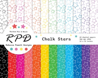 SALE Stars Hand Drawn Digital Paper, Seamless Pattern, Multi Rainbow Colours, White, Scrapbook Pages, Digital Backgrounds, Commercial Use