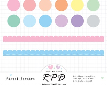 SALE Scalloped Borders Digital Clip Art Set, Solid Pastel Colours, Png, Jpeg, Scrapbooking & Planner Images, Commercial Use