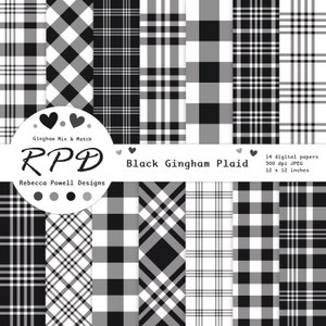 SALE Black & White Gingham Plaid Digital Paper, Seamless Pattern, Lumberjack Checks, Scrapbook Pages, Digital Backgrounds, Commercial Use