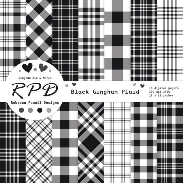 Black & White Gingham Plaid Digital Paper Pack, Seamless Pattern, Lumberjack Checks, Scrapbook Pages, Digital Backgrounds, Commercial Use