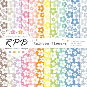 Pastell Regenbogen Farben & weiße süße Blumen Digital Paper Pack, nahtlose Muster, Scrapbook Seiten, Hintergründe, kommerzielle Nutzung