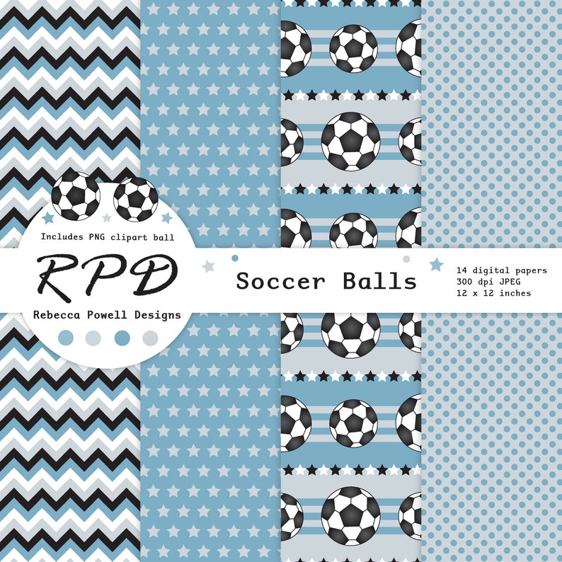 SALE Soccer Football Digital Paper, Seamless, PNG Clip Art Ball, Blue, Black & White, Scrapbook Pages, Digital Background, Commercial Use image 4