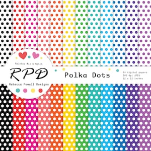 Polka Dots Spots Digital Paper Pack, Seamless Pattern, Rainbow Colours, White, Scrapbook Pages, Digital Backgrounds, Commercial Use