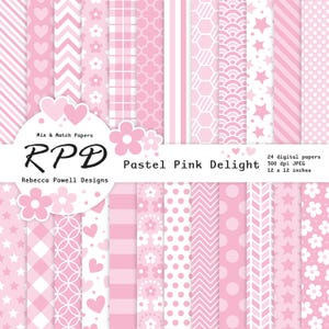 May include: A set of 24 digital papers in pastel pink with various patterns, including hearts, stars, flowers, polka dots, stripes, and geometric designs. The papers are 12 x 12 inches and 300 dpi.
