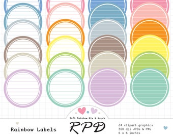 SALE Circular Labels Digital Clip Art Set, Lined Paper, Pastel Rainbow Colours, White, Png, Jpeg, Scrapbooking, Planners, Commercial Use