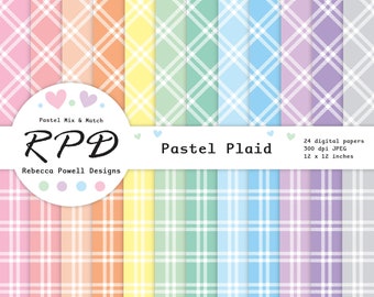 Plaid Digital Paper Pack, Seamless Pattern, Pastel Colours, White, Scrapbook Pages, Digital Background, Commercial Use