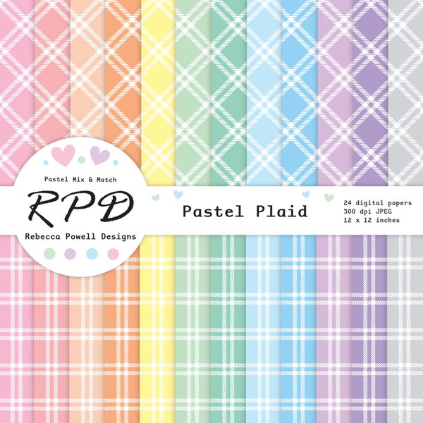 Plaid Digital Paper Pack, Seamless Pattern, Pastel Colours, White, Scrapbook Pages, Digital Background, Commercial Use