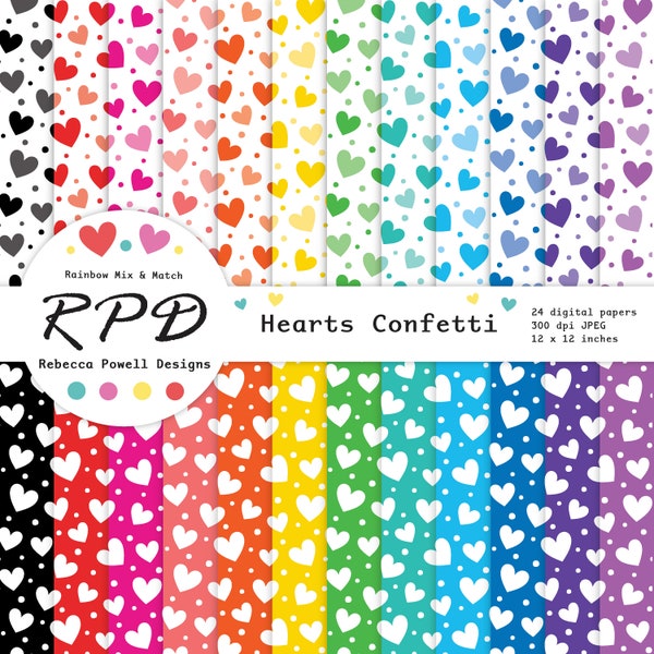SALE Love Hearts Confetti Digital Paper, Polka Dots, Seamless Pattern, Rainbow Colours, White, Scrapbook Pages, Backgrounds, Commercial Use