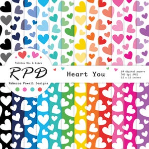 Hearts Seamless Pattern Digital Paper Pack, Rainbow Colours & White, Scrapbook Pages, Backgrounds, Commercial Use