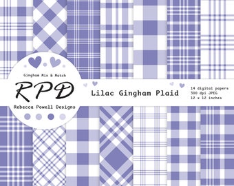 Lilac Purple Gingham Plaid Digital Paper Pack, Seamless, White, Lumberjack Check, Scrapbook Pages, Digital Backgrounds, Commercial Use