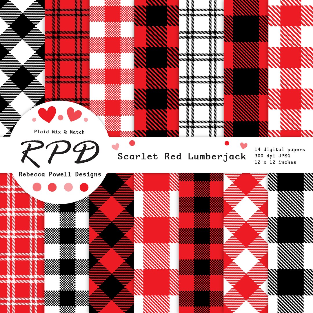 SALE Red Plaid Digital Paper Set, Seamless, Black, White, Lumberjack ...
