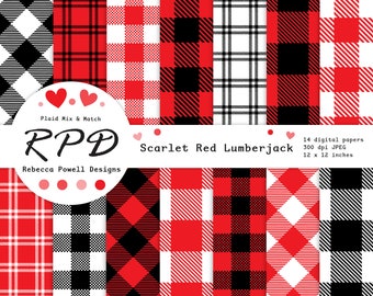 SALE Red Plaid Digital Paper Set, Seamless, Black, White, Lumberjack Check, Log Cabin, Gingham, Scrapbooking, Backgrounds, Commercial Use