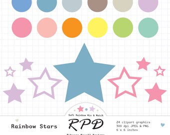 SALE Stars Digital Clip Art Set, Solid Pastel Rainbow Colours, Star Outline, Png, Jpeg, Scrapbooking & Planner Images, Commercial Use