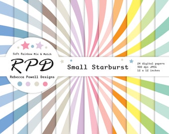 SALE Starburst Digital Paper, Sunburst Paper, Spiral Pattern, Pastel Rainbow Colours, White, Scrapbook Pages, Backgrounds, Commercial Use