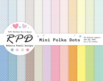 SALE Mini Polka Dots Digital Paper Set, Seamless Pattern, Pastel Rainbow Colours, Spots, Scrapbook Pages, Backgrounds, Commercial Use