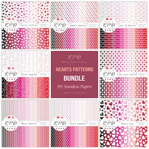 Digitale bundel roze en rode liefdesharten, naadloze patronen, witte achtergronden, scrapbooking