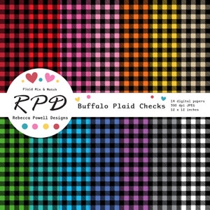 May include: A set of 14 digital papers featuring buffalo plaid checks in various colors, including red, pink, orange, yellow, green, blue, purple, gray, and white. The papers are 300 dpi and measure 12 x 12 inches.