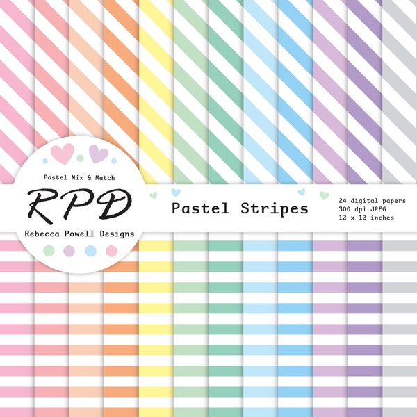 Stripes Digital Paper Pack, Seamless Pattern, Horizontal, Diagonal, Pastel Colours, White, Scrapbook Pages, Backgrounds, Commercial Use