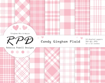 Pastel Pink Gingham Plaid Digital Paper Pack, Seamless, White, Tartan, Log Cabin Check, Scrapbook Pages, Digital Backgrounds, Commercial Use