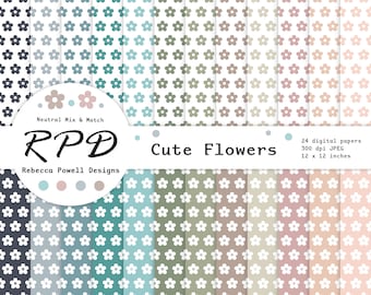 Cute Flowers Floral Digital Paper Pack, Seamless Pattern, Neutral Colours, White, Scrapbook Pages, Backgrounds, Commercial Use