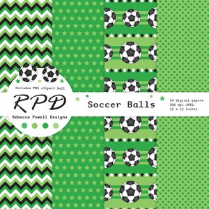 SALE Soccer Football Digital Paper, Seamless, PNG Clip Art Ball, Green, Black, White, Scrapbook Pages, Digital Background, Commercial Use image 4