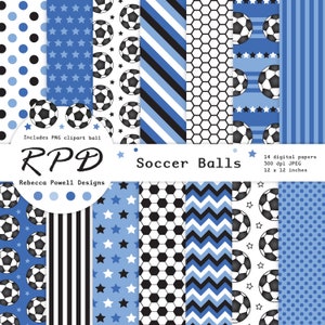 Paquete de papel digital de fútbol, sin costuras, PNG Clip Art Ball, azul, blanco y negro, páginas de álbum de recortes, fondo digital, uso comercial