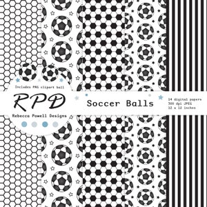 SALE Soccer Football Digital Paper, Seamless, PNG Clip Art Ball, Blue, Black & White, Scrapbook Pages, Digital Background, Commercial Use image 3