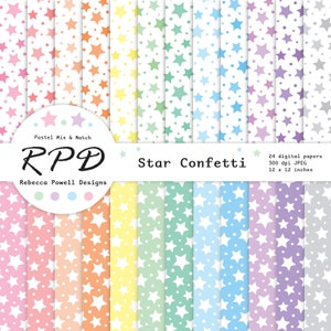 Sterren Polka Dot Confetti digitaal papierpakket, naadloos patroon, pastelkleuren, wit, scrapbookpagina's, digitale achtergrond, commercieel gebruik