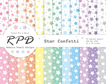 Stars Confetti Digital Paper Pack, Seamless Pattern, Polka Dot, Pastel Colours, White, Scrapbook Pages, Digital Background, Commercial Use