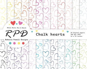 Love Hearts Hand Drawn Digital Paper Pack, Seamless, Multi Rainbow Colours, White, Scrapbook Pages, Digital Backgrounds, Commercial Use