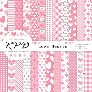 Love Hearts Cute Valentines Wedding Digitaal papierpakket, naadloze patronen, pastelroze, wit, plakboekpagina's, achtergronden, commercieel gebruik