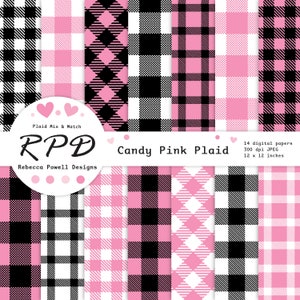 Pacote de papel digital xadrez de búfalo rosa pastel, sem costura, preto, branco, lenhador, cabana de madeira, álbum de recortes, planos de fundo, uso comercial