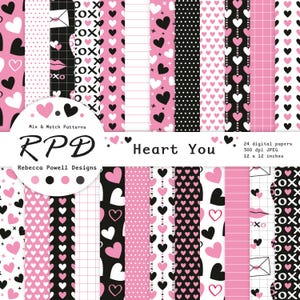 Paquet de papier numérique mignon coeurs d'amour roses sans couture, arrière-plans imprimables en noir et blanc pour le scrapbooking, arrière-plans et travaux manuels