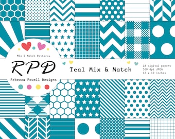 Teal Grün Scrapbook-Papier-Set: Nahtloses gemischtes Muster (Digitaler Download)