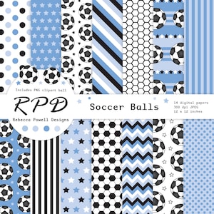 Paquete de papel digital de fútbol, Sin costuras, PNG Clip Art Ball, Azul, Blanco y negro, Páginas de álbum de recortes, Fondo digital, Uso comercial
