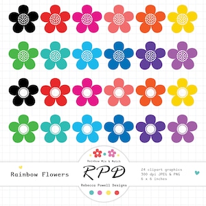 Regenbogen Blumen Clip Art Set: Handgezeichnete Blumen Grafiken (PNG, JPEG)