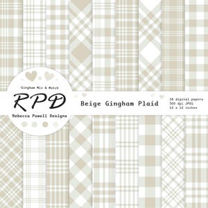 Beige & White Gingham Plaid Checks Digital Paper, Seamless Patterns, Scrapbooking, Backgrounds, Commercial Use