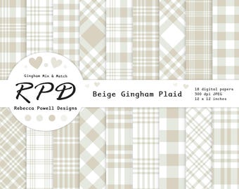 Beige Gingham Checks Digital Papers: Seamless Mixed Plaid Patterns Set (Instant Download)