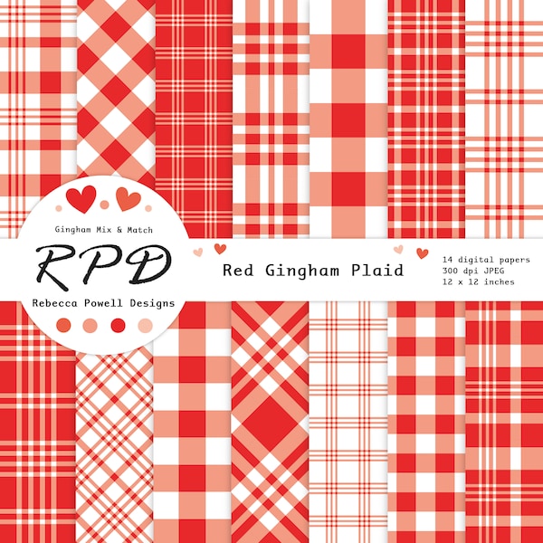Red Gingham Plaid Digital Paper Pack, Seamless, White, Lumberjack Checks, Crosshatch, Scrapbook Pages, Digital Backgrounds, Commercial Use