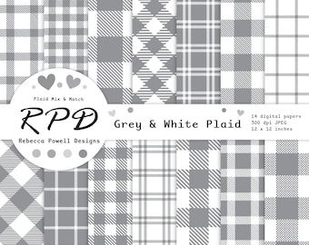 Grey & White Seamless Buffalo Plaid Digital Paper Pack , Lumberjack, Check, Log Cabin, Gingham, Scrapbooking, Backgrounds, Commercial Use