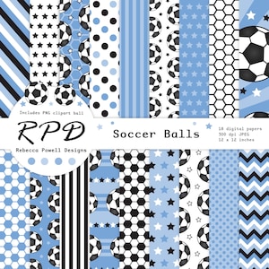Soccer Ball Digital Paper Pack, Soft Blue Printable Seamless Football Sports Patterns, PNG Clipart Soccer Ball
