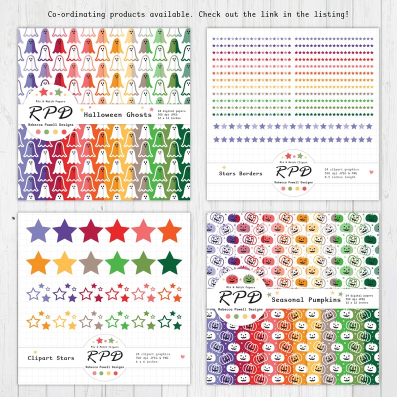 Cute Halloween Digital Paper, Seamless Pattern, Rainbow Colours & White