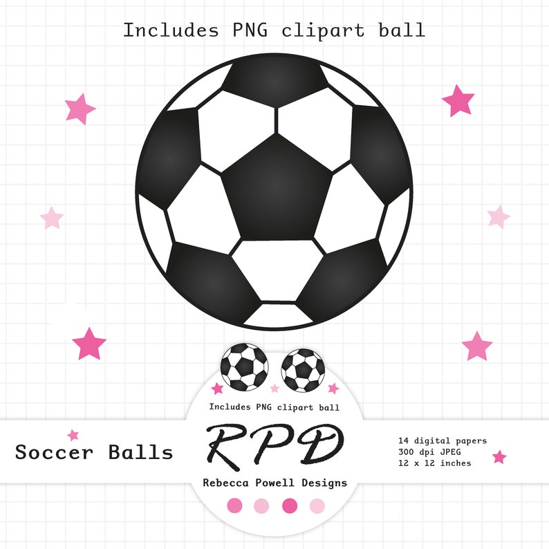 SALE Soccer Football Digital Paper, Seamless, PNG Clip Art Ball, Pink, Black & White, Scrapbook Pages, Digital Background, Commercial Use image 5