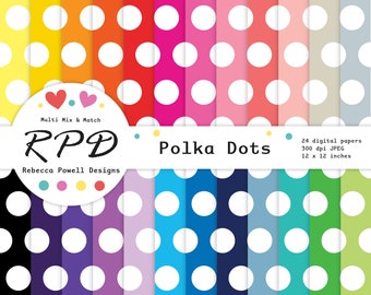 Polka Dots Digital Paper Pack, Seamless Pattern, Rainbow Colours, White, Spots Pattern, Scrapbook Pages, Digital Backgrounds, Commercial Use