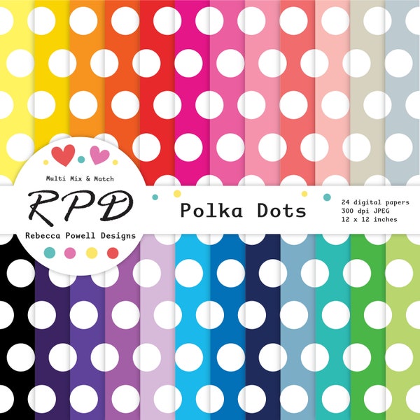 Polka Dots Digital Paper Pack, Seamless Pattern, Rainbow Colours, White, Spots Pattern, Scrapbook Pages, Digital Backgrounds, Commercial Use