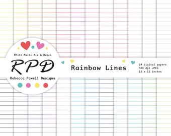 Lined Digital Paper Pack, Seamless Pattern, Notebook Paper, Rainbow Colours, White, Scrapbook Pages, Digital Backgrounds, Commercial Use