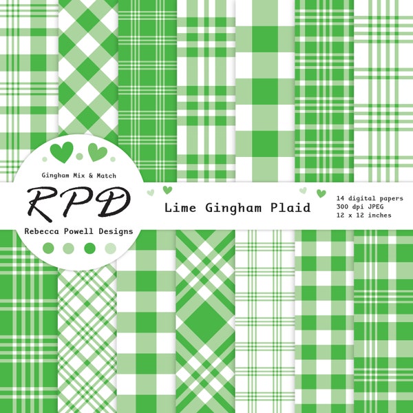 SALE Green Gingham Plaid Digital Paper, Seamless, White, Log Cabin Checks, Crosshatch, Scrapbook Pages, Digital Backgrounds, Commercial Use