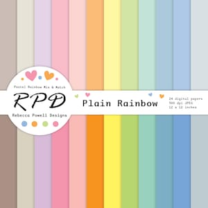 May include: A set of 24 digital papers in a rainbow of pastel colors. The papers are 12 x 12 inches and 300 dpi. The text "Plain Rainbow" is at the top of the image.
