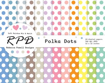 SALE Polka Dots Digital Paper Set, Seamless Pattern, Pastel Rainbow Colours, White, Spots, Scrapbook Pages, Backgrounds, Commercial Use