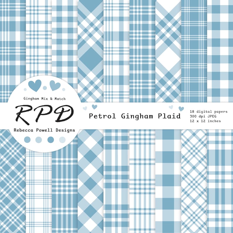Pack of 18 digital papers with various seamless gingham and plaid check patterns in petrol blue and white.